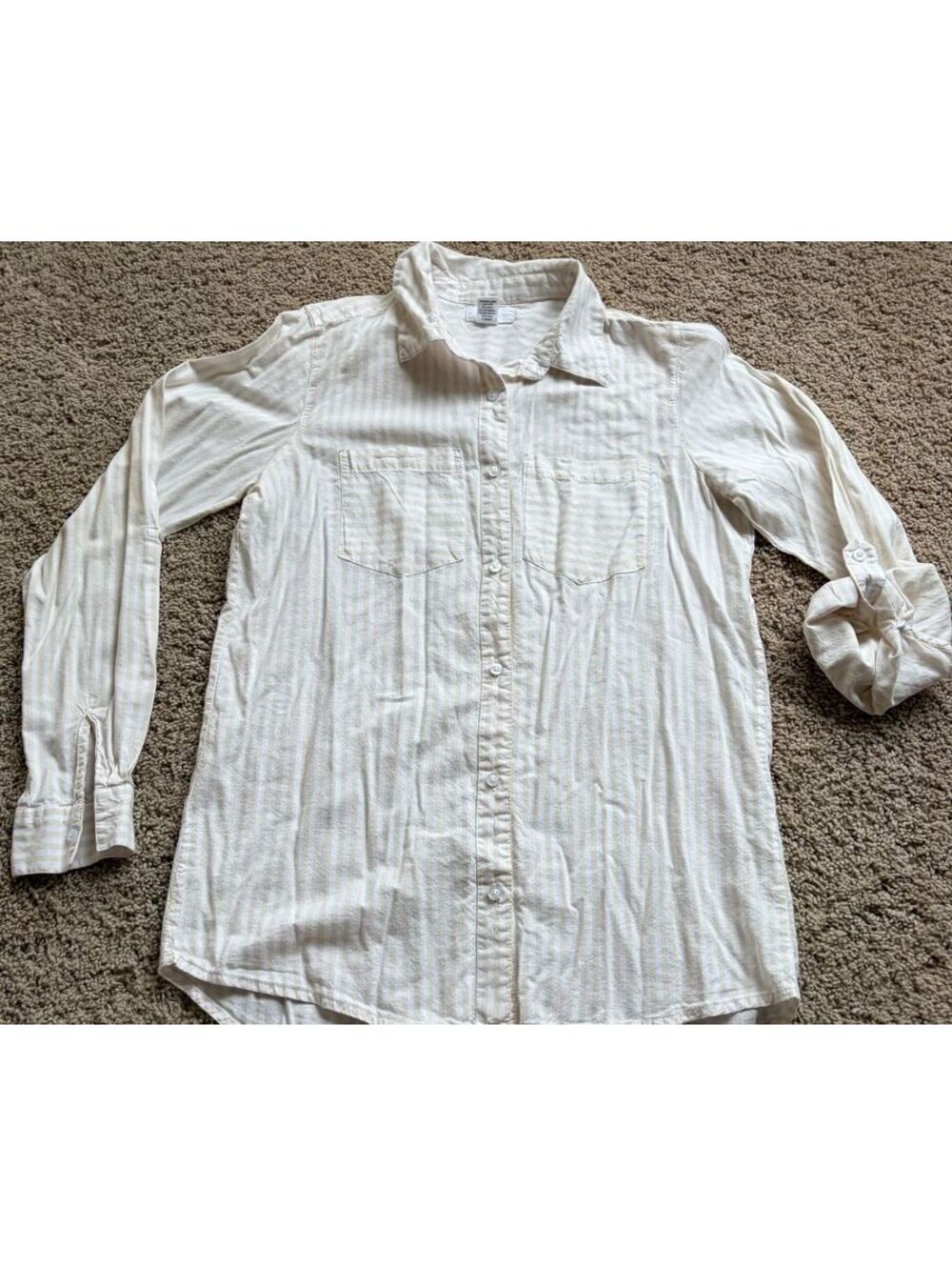 Women's Japna white tan button-down shirt thin tan vertical stripes M MEDIUM